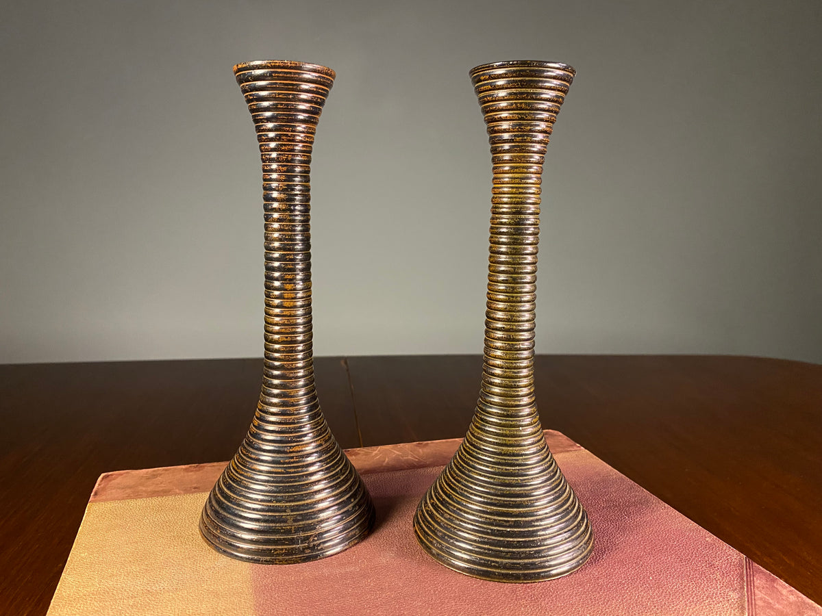 Pair of Ribbed Metal Candlesticks with Worn Gold Finish