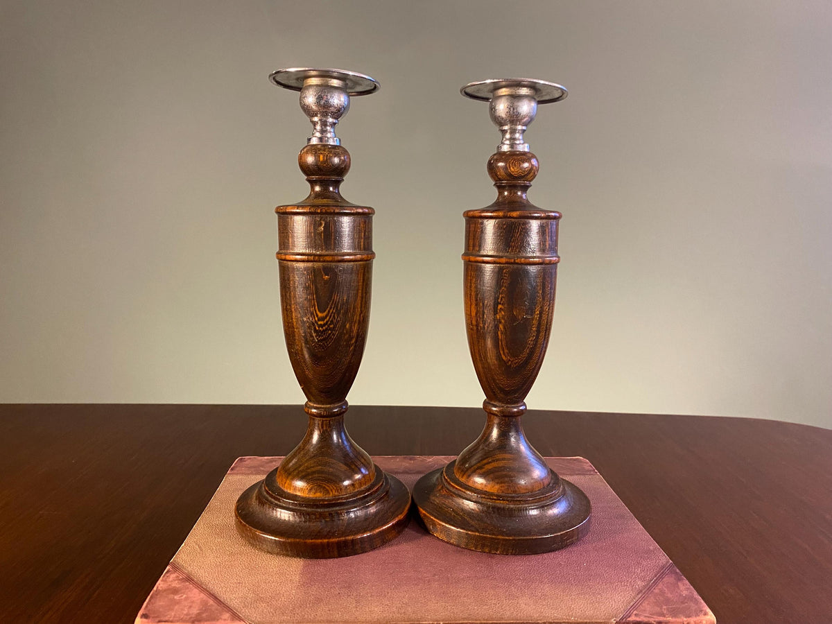 Pair of Mid-Century Wood & Steel Candlesticks
