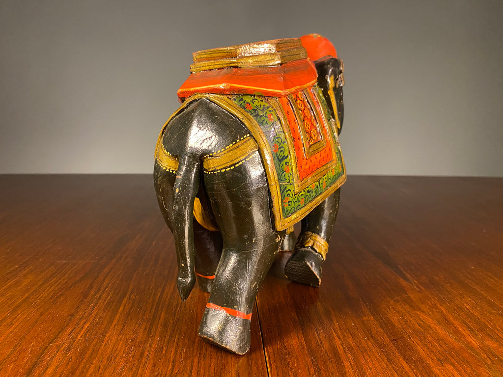 Pair of Painted Wooden Elephants with Decorative Saddles