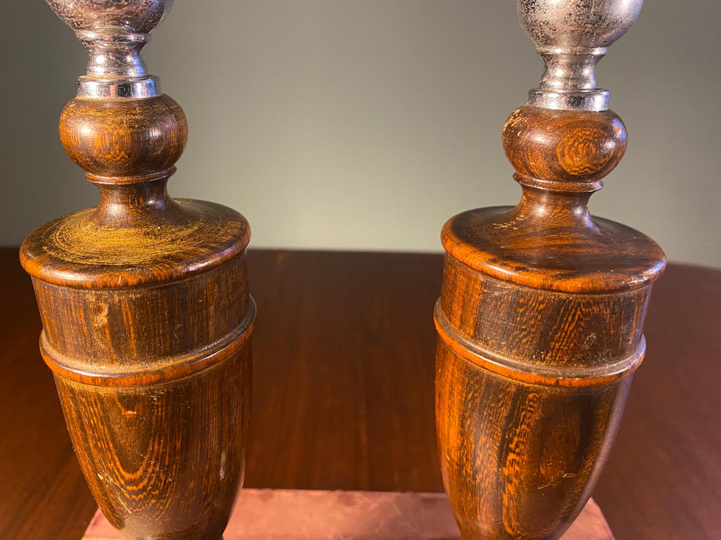 Pair of Mid-Century Wood & Steel Candlesticks