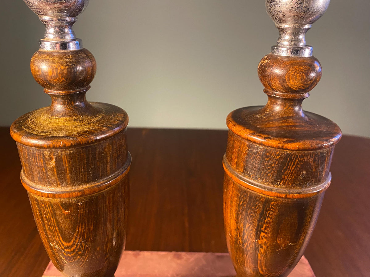 Pair of Mid-Century Wood & Steel Candlesticks