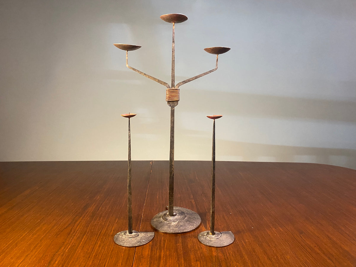 Brutalist-Style Iron Candelabra and Pair of Candlesticks — product photograph 7