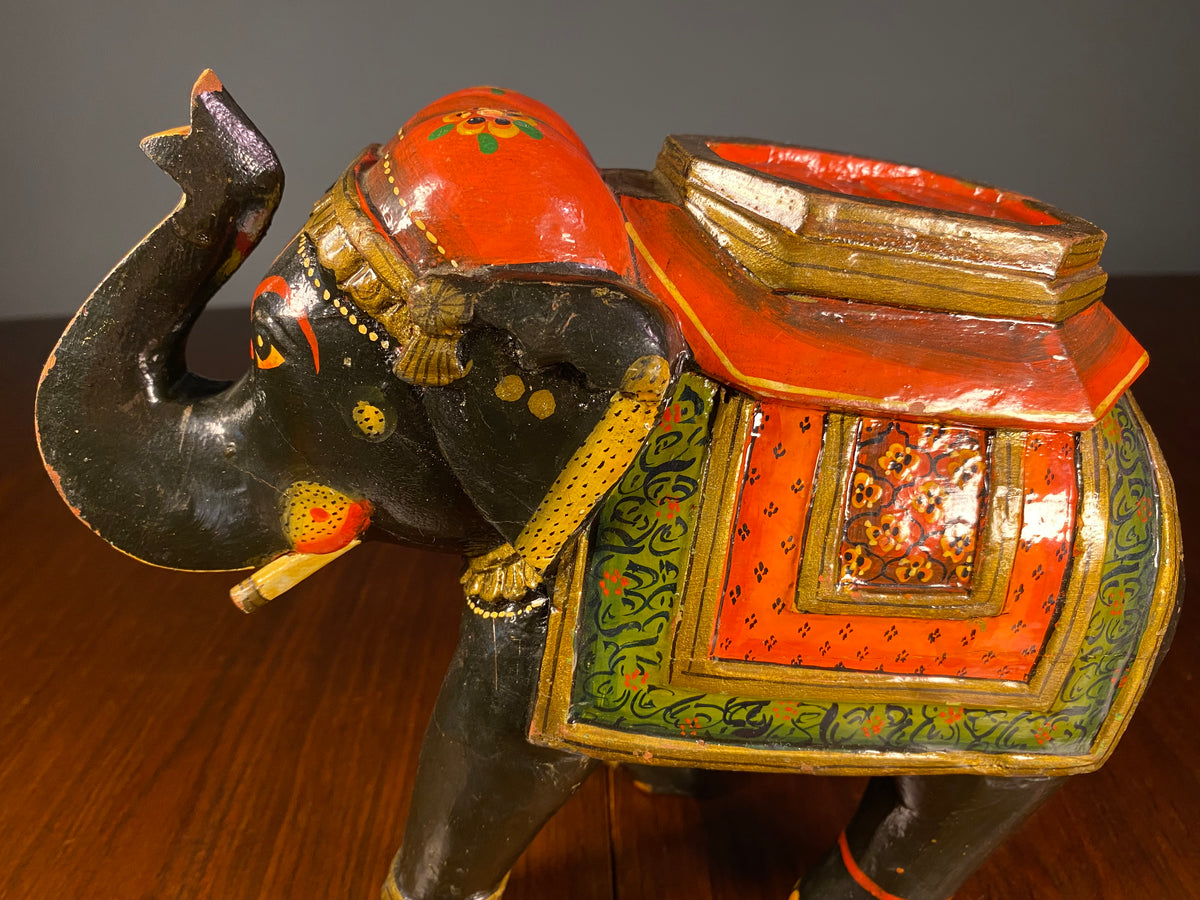 Pair of Painted Wooden Elephants with Decorative Saddles