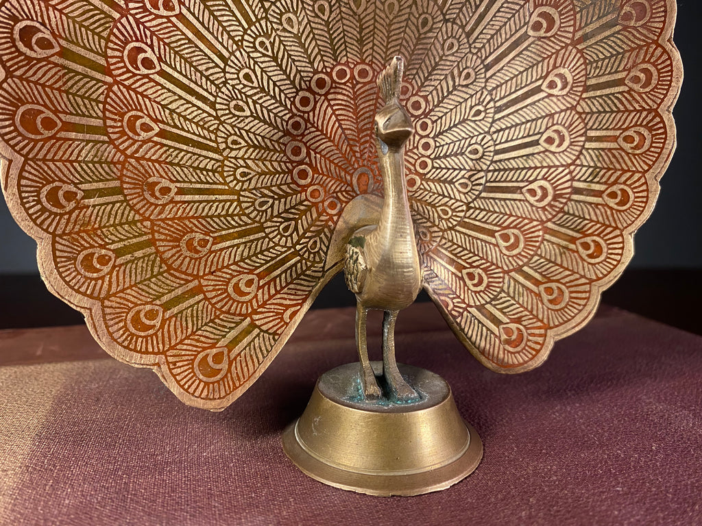 Painted Metal Peacock Figurine with Fanned Tail