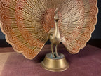 Painted Metal Peacock Figurine with Fanned Tail