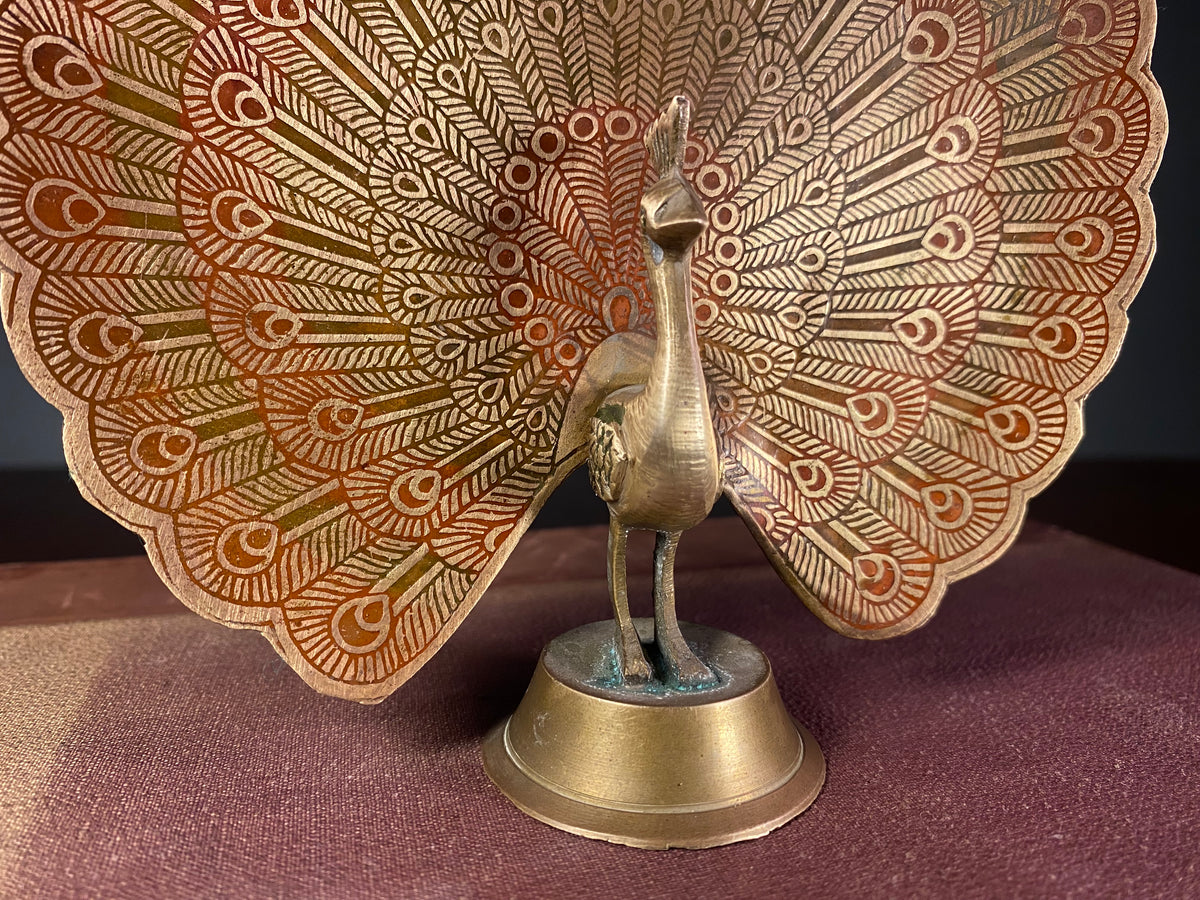 Painted Metal Peacock Figurine with Fanned Tail