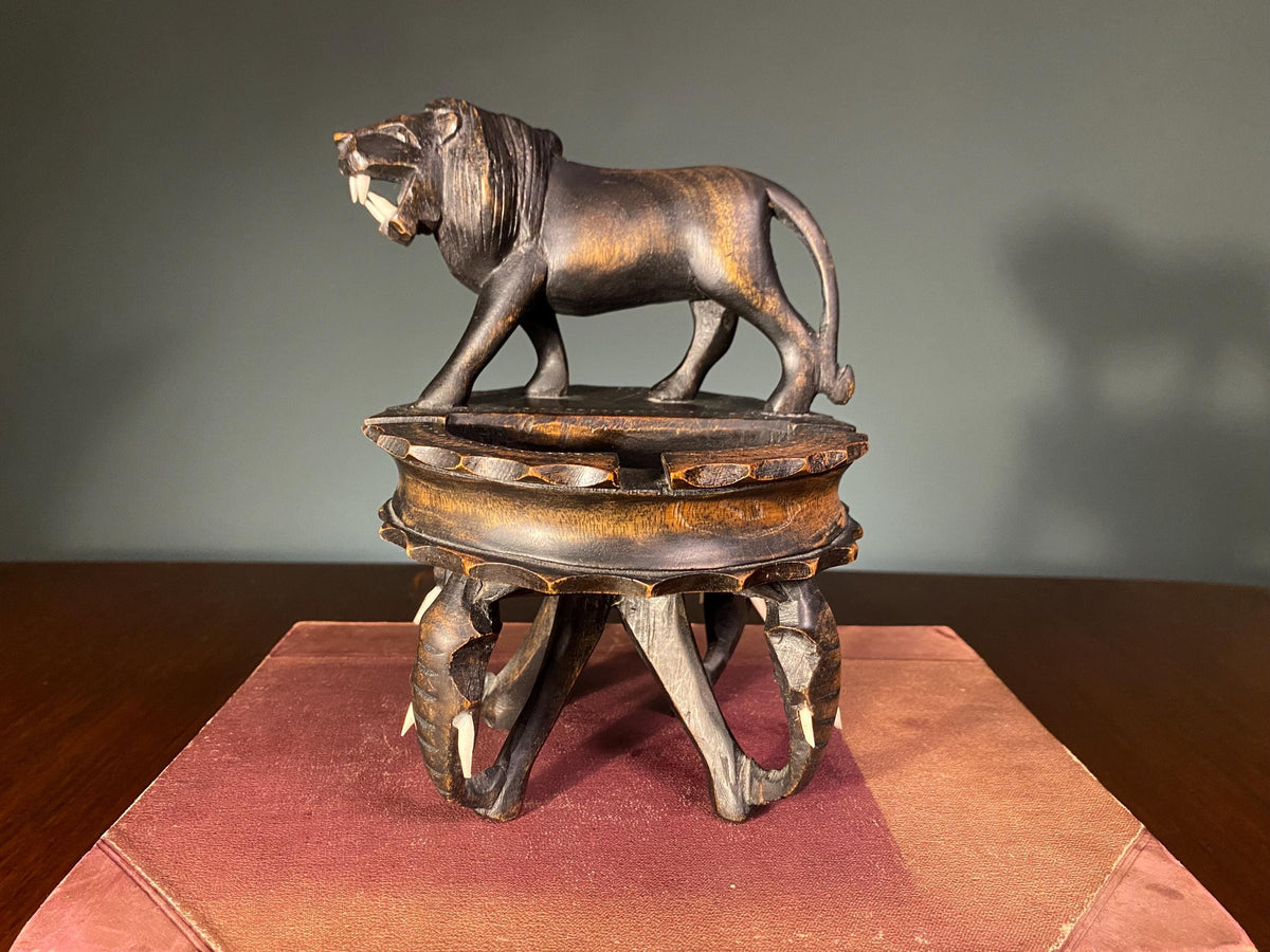 Vintage African Lion & Elephant Carved Tray
