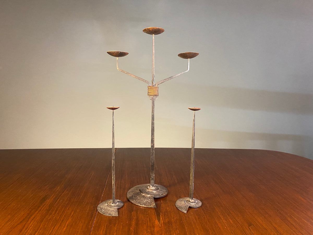 Brutalist-Style Iron Candelabra and Pair of Candlesticks — product photograph 1