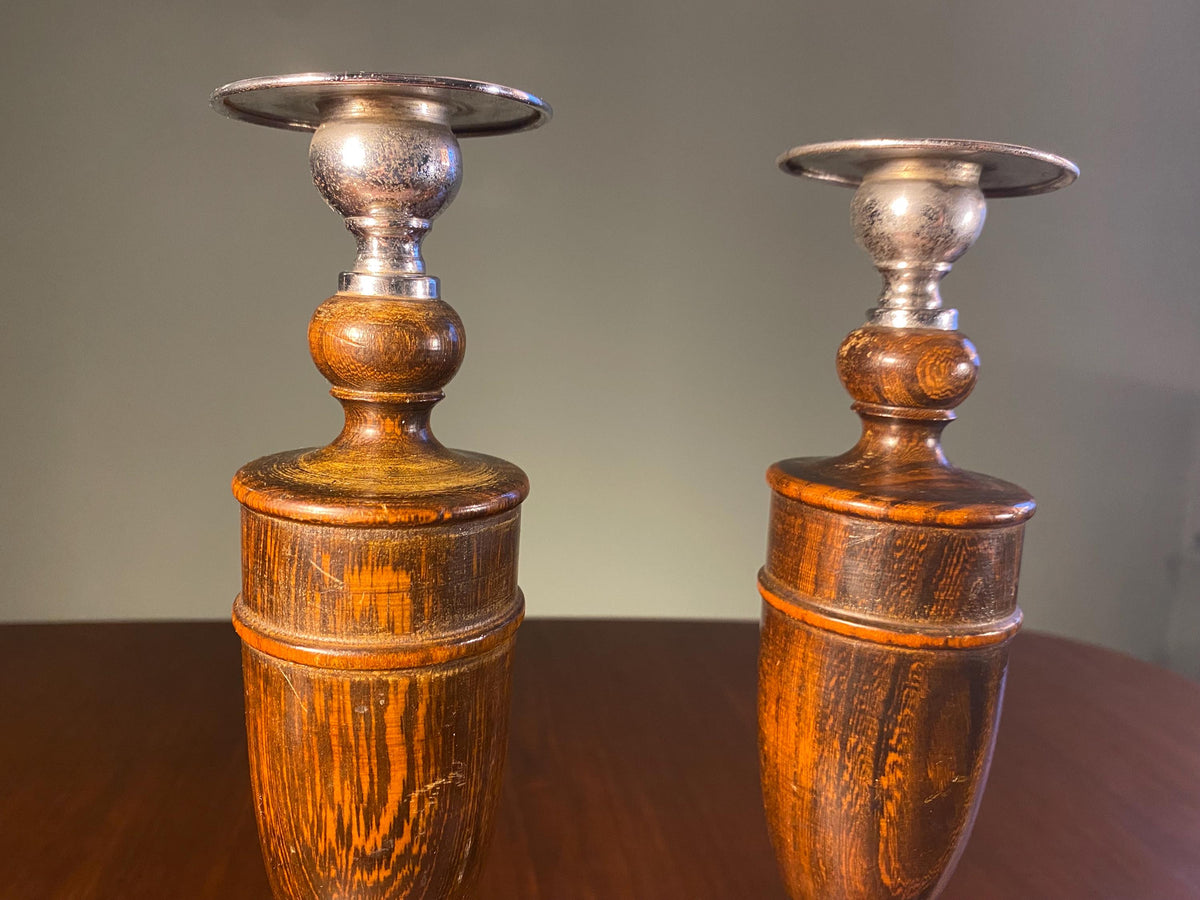 Pair of Mid-Century Wood & Steel Candlesticks