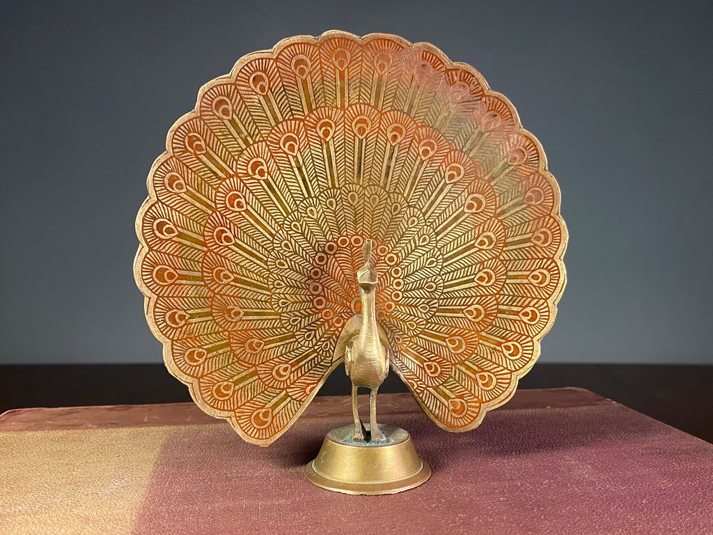 Painted Metal Peacock Figurine with Fanned Tail