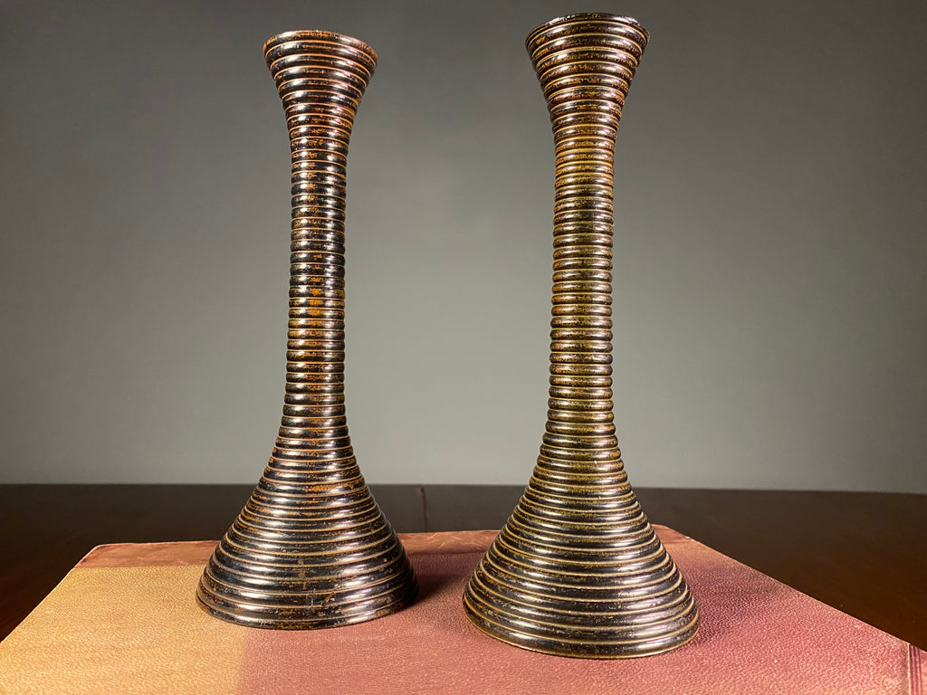 Pair of Ribbed Metal Candlesticks with Worn Gold Finish
