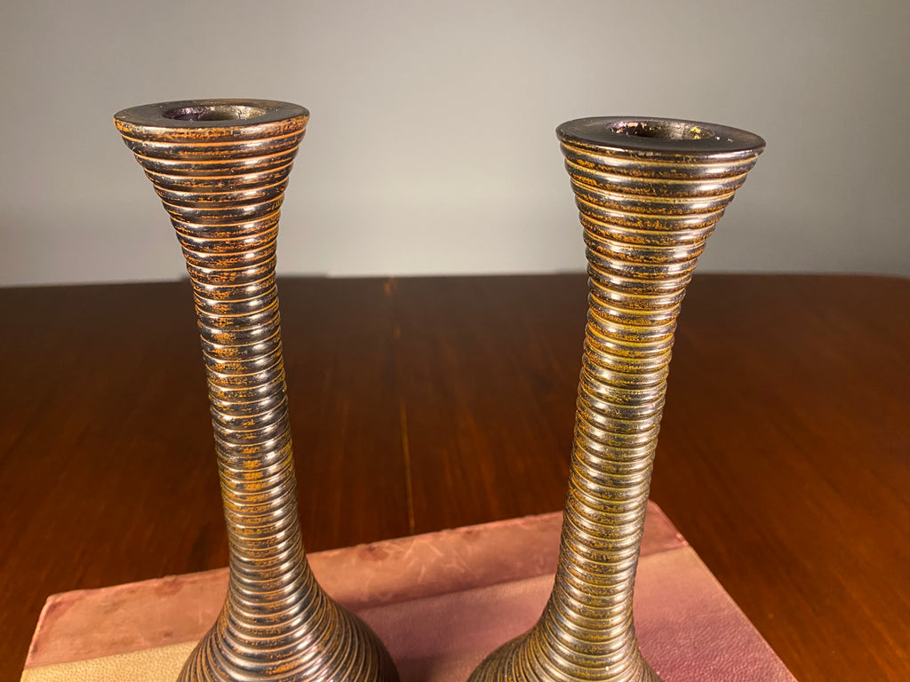 Pair of Ribbed Metal Candlesticks with Worn Gold Finish