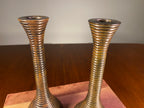 Pair of Ribbed Metal Candlesticks with Worn Gold Finish