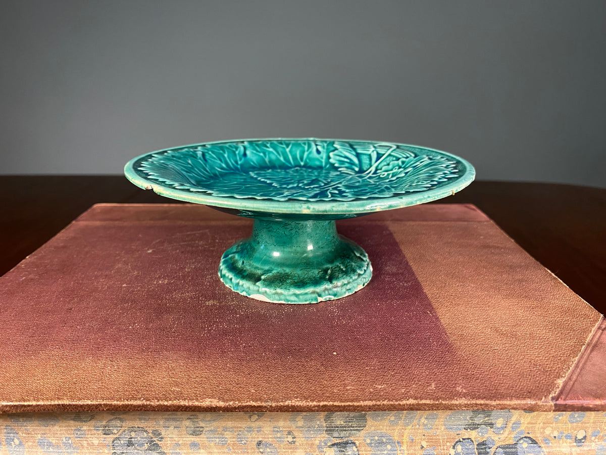 Antique turquoise-green majolica vine leaf pedestal dish