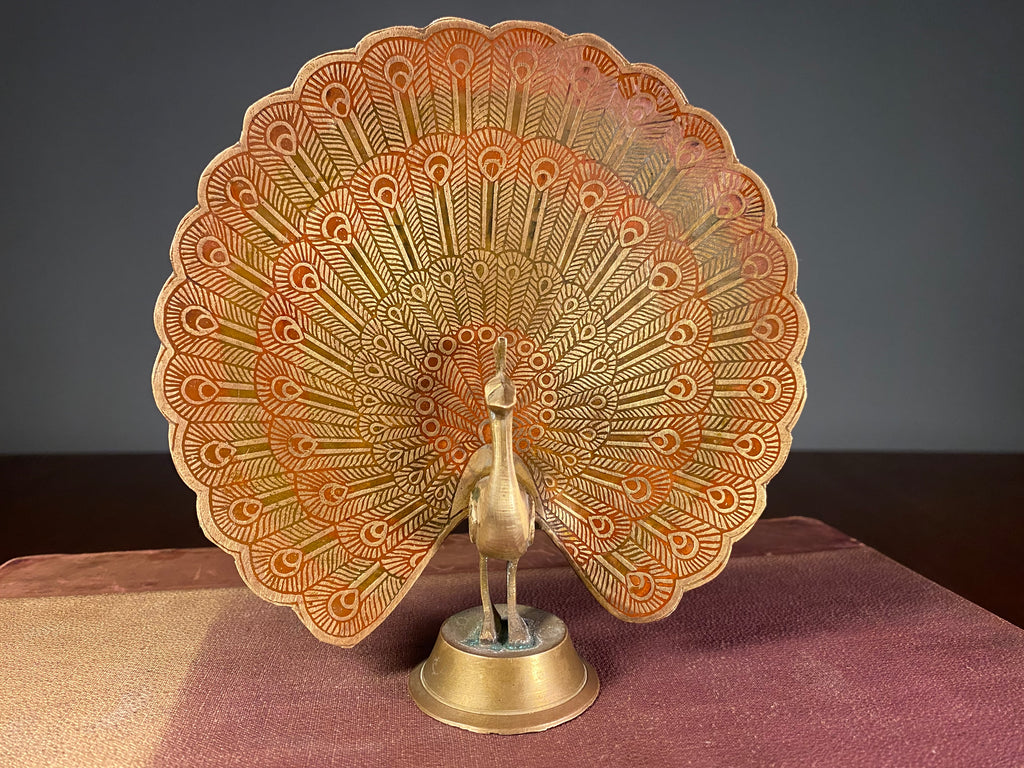 Painted Metal Peacock Figurine with Fanned Tail