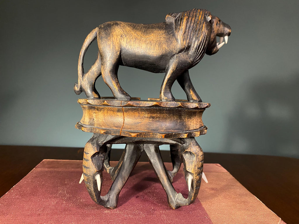 Vintage African Lion & Elephant Carved Tray
