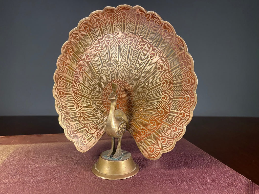 Painted Metal Peacock Figurine with Fanned Tail