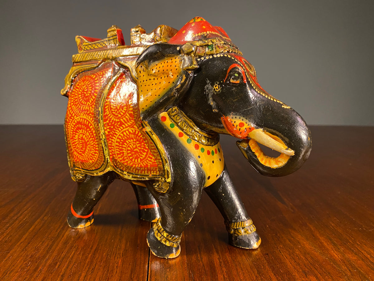 Pair of Painted Wooden Elephants with Decorative Saddles
