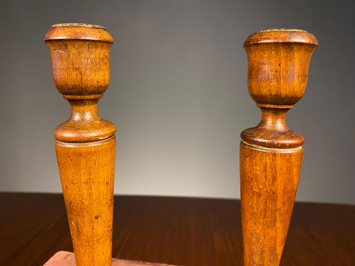 Pair of Victorian Treen & Brass Candlesticks