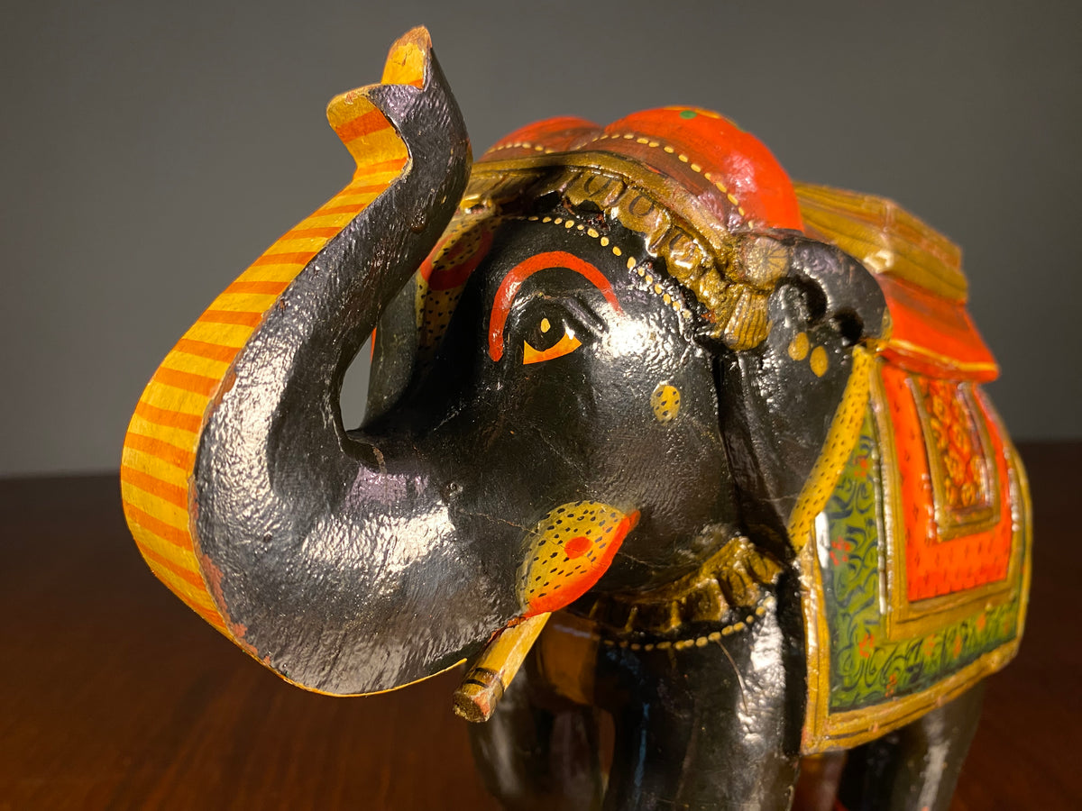 Pair of Painted Wooden Elephants with Decorative Saddles