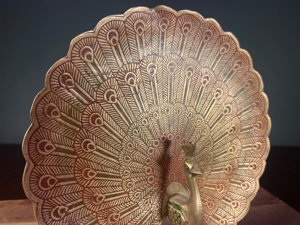 Painted Metal Peacock Figurine with Fanned Tail