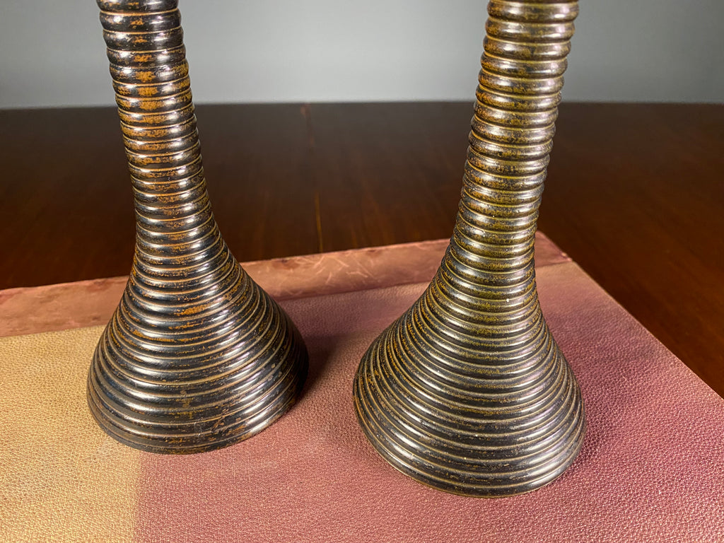 Pair of Ribbed Metal Candlesticks with Worn Gold Finish
