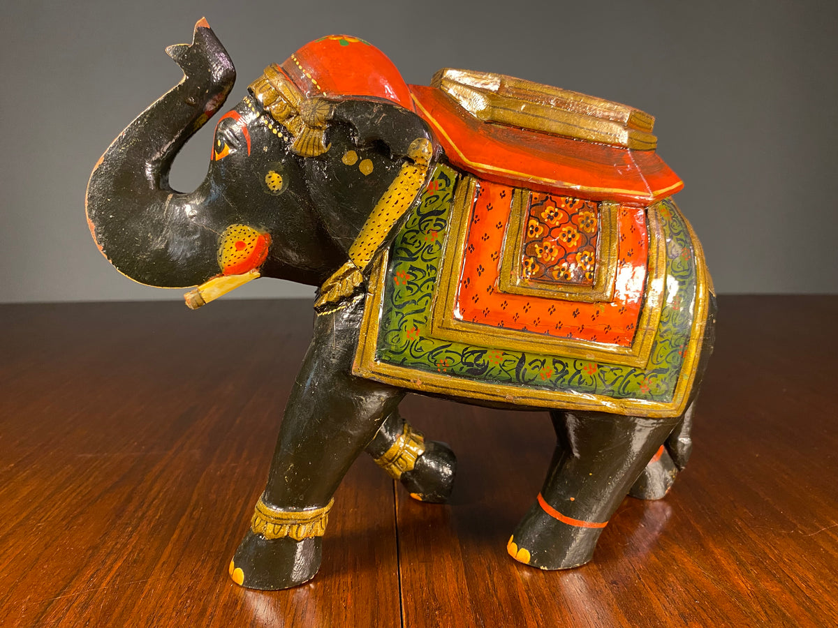 Pair of Painted Wooden Elephants with Decorative Saddles