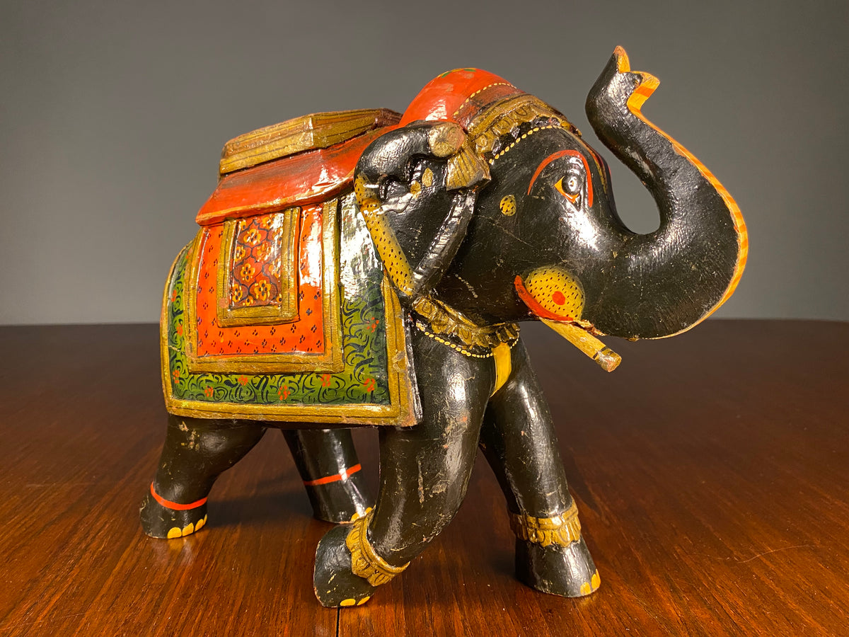 Pair of Painted Wooden Elephants with Decorative Saddles