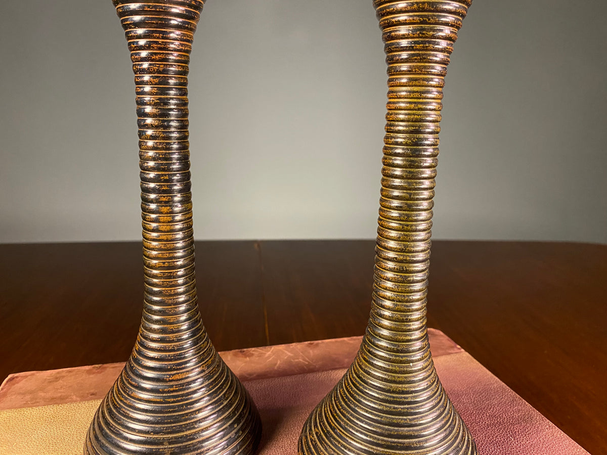 Pair of Ribbed Metal Candlesticks with Worn Gold Finish