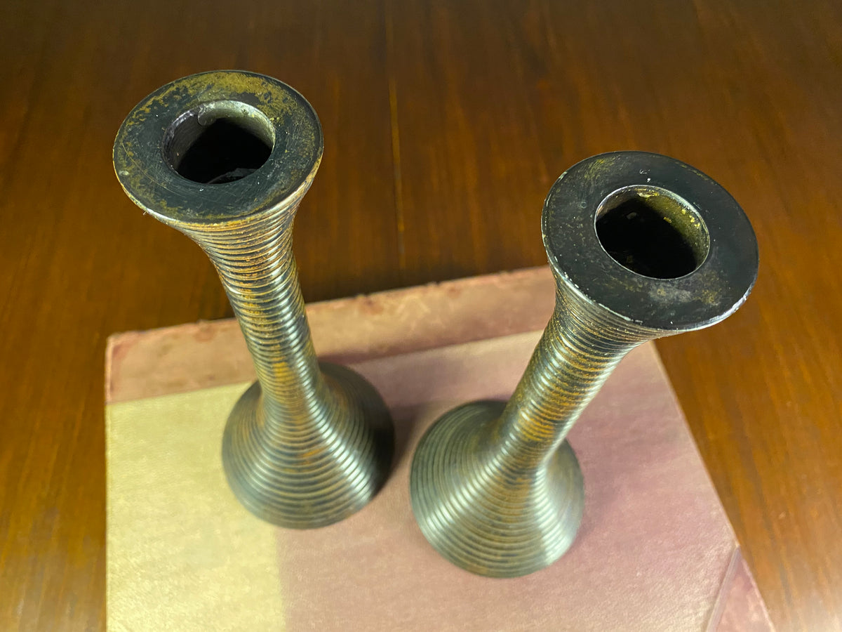 Pair of Ribbed Metal Candlesticks with Worn Gold Finish