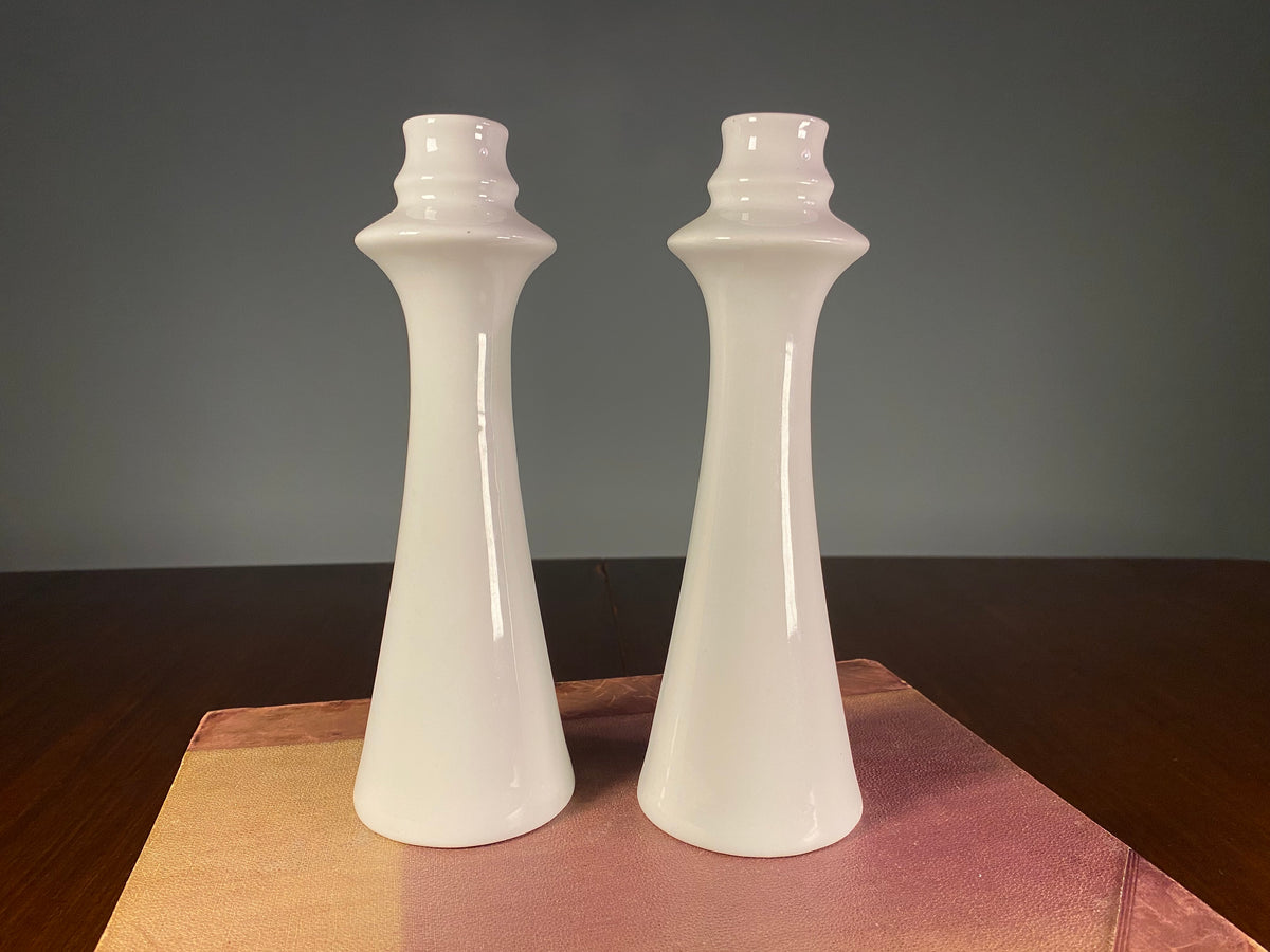 Pair of White Ceramic Tapered Candlesticks