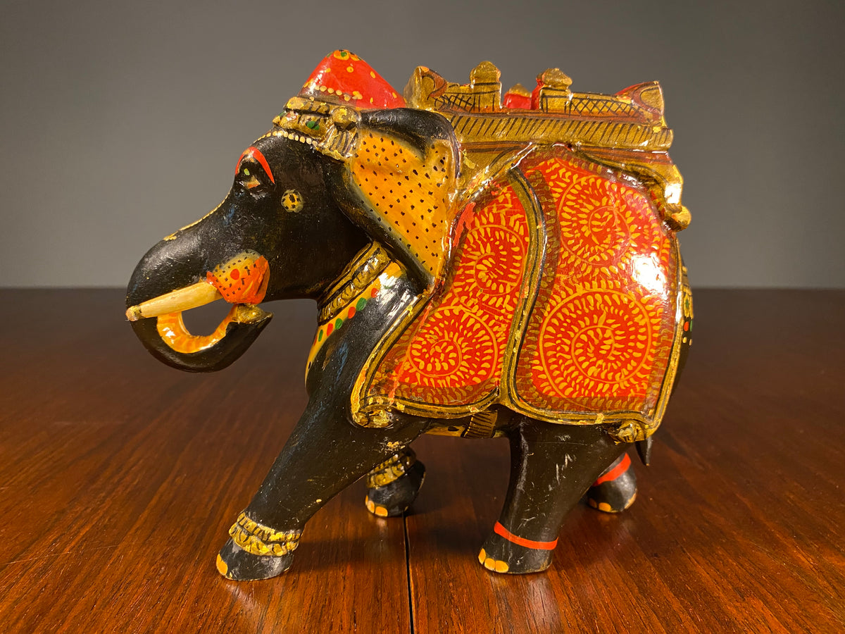 Pair of Painted Wooden Elephants with Decorative Saddles