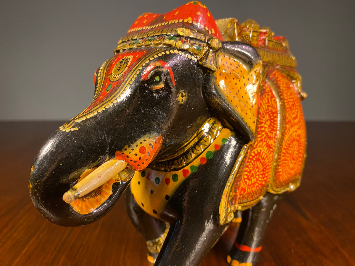 Pair of Painted Wooden Elephants with Decorative Saddles