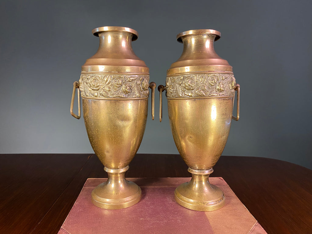 Pair of distressed vintage brass and copper urns