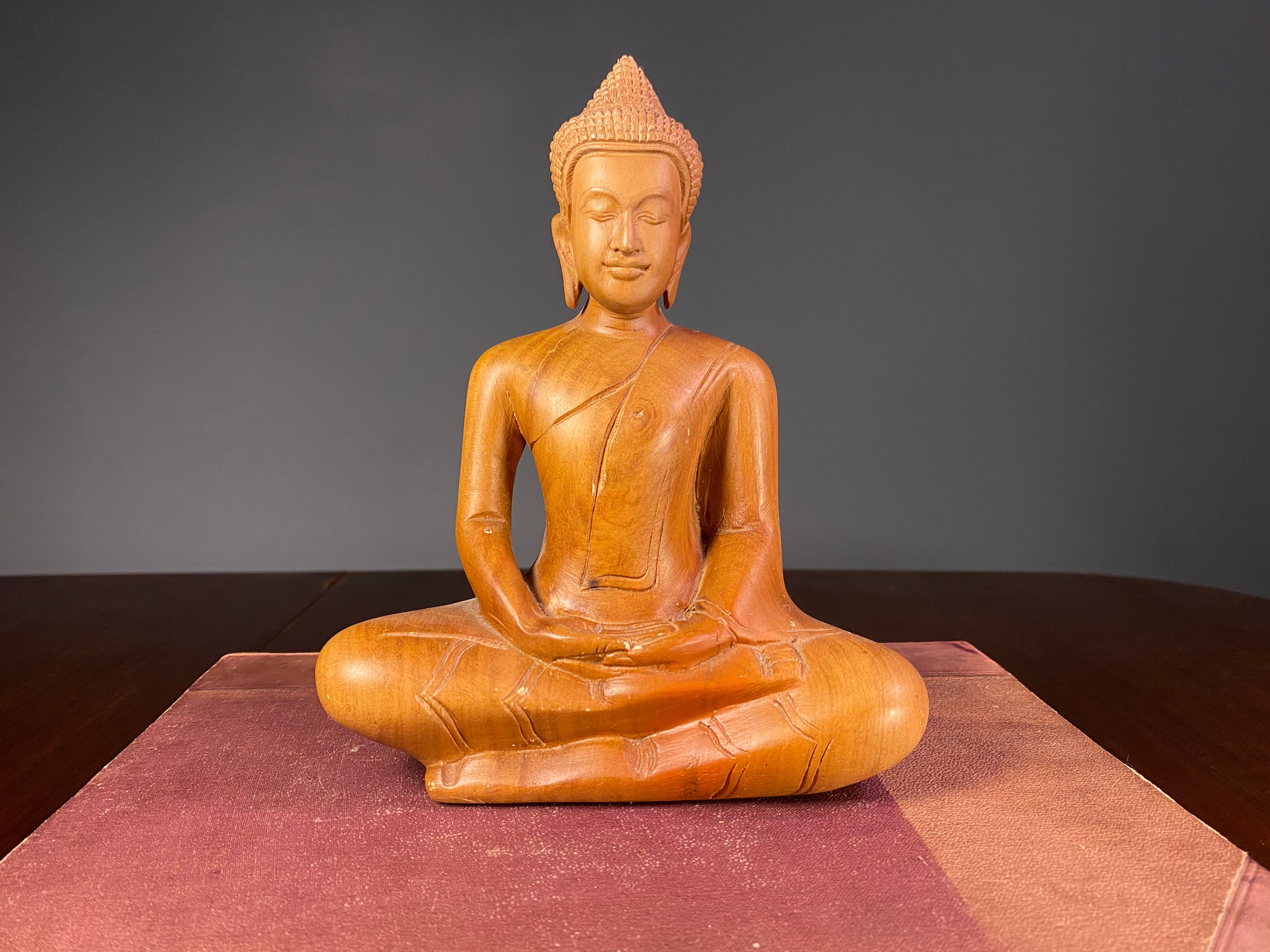 Vintage carved wooden seated Buddha figure