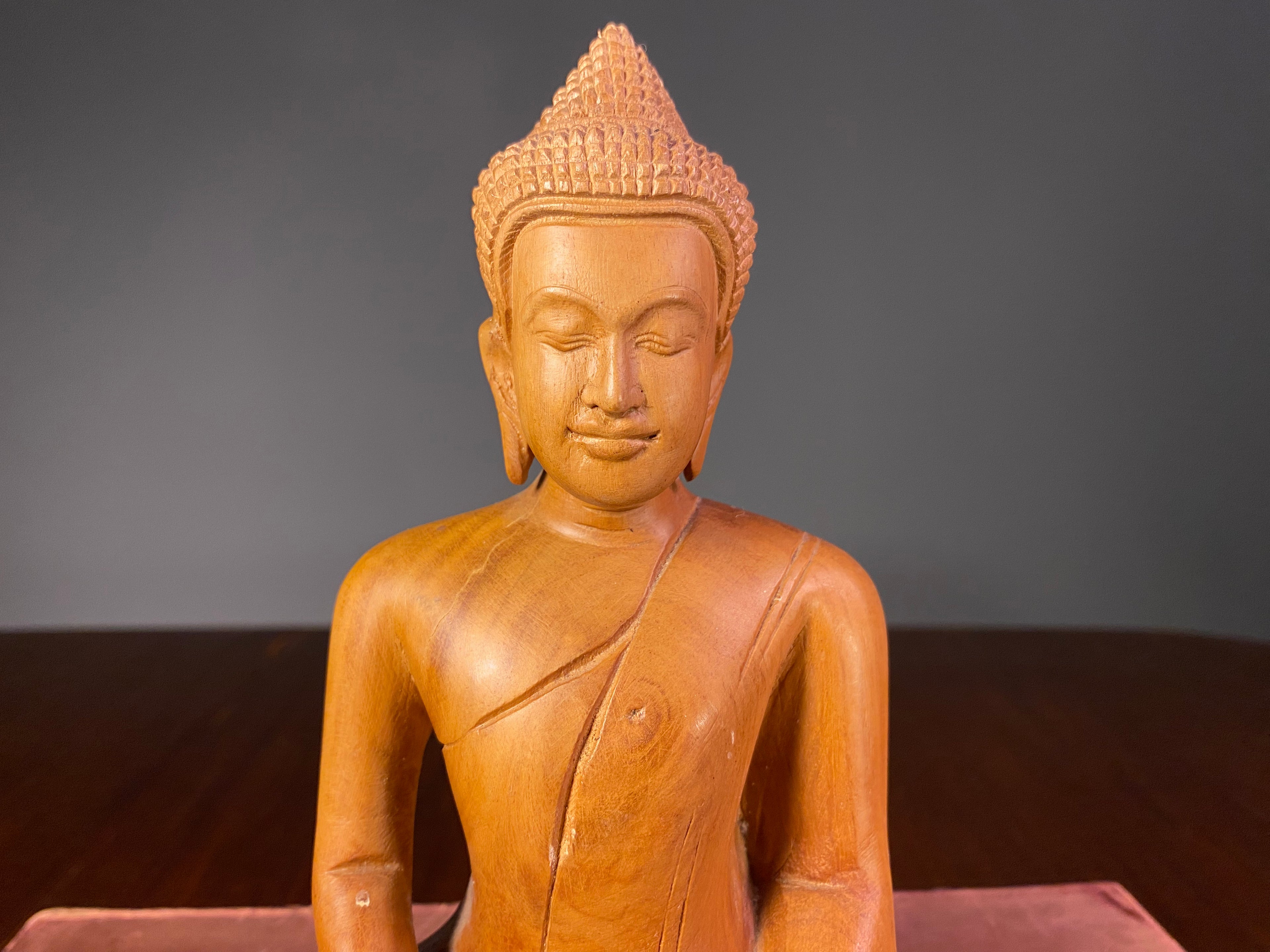Vintage Carved Wooden Seated Buddha Figure