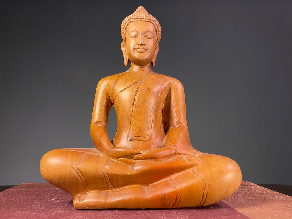 Vintage Carved Wooden Seated Buddha Figure