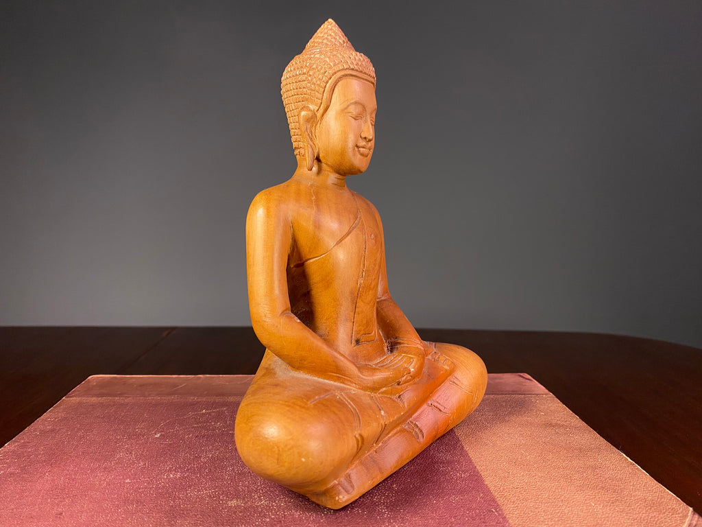 Vintage Carved Wooden Seated Buddha Figure