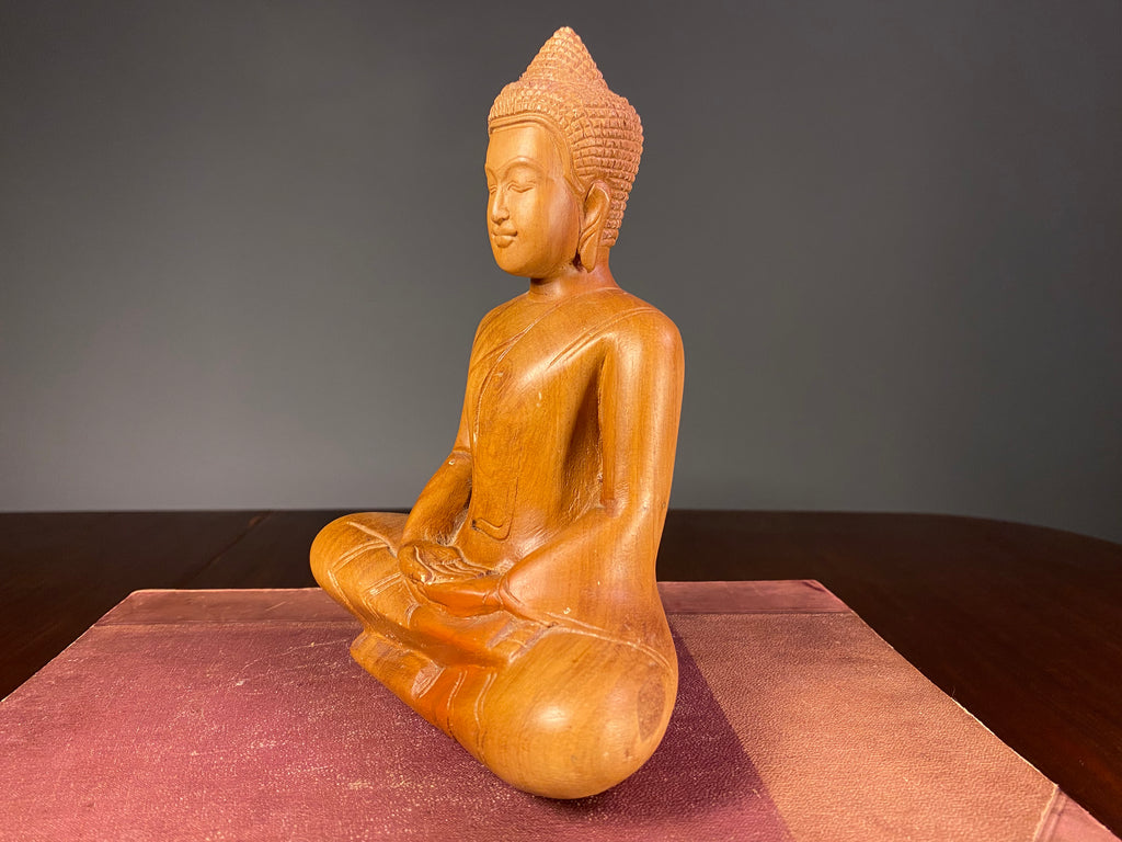 Vintage Carved Wooden Seated Buddha Figure