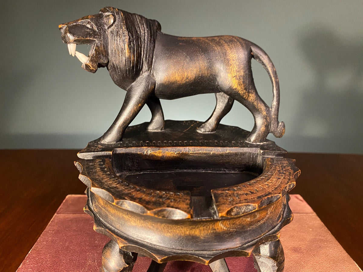 Vintage African Lion & Elephant Carved Tray