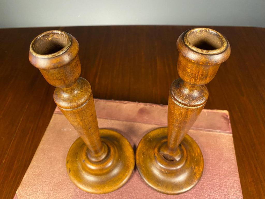 Pair of Victorian Treen & Brass Candlesticks