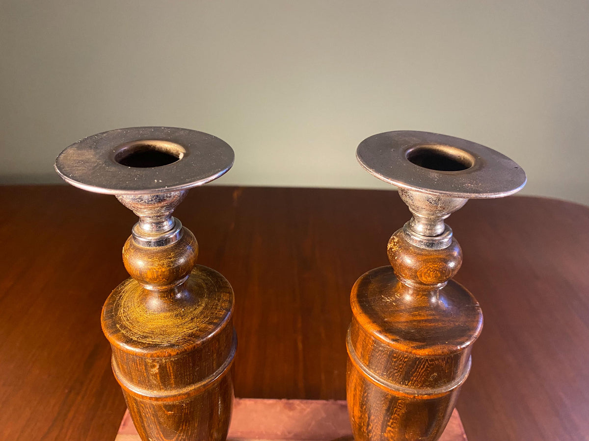 Pair of Mid-Century Wood & Steel Candlesticks